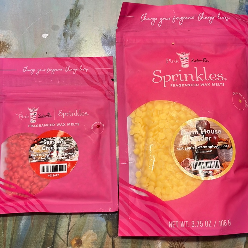 Pink zebra wax melt sprinkles. Full size with a sample.